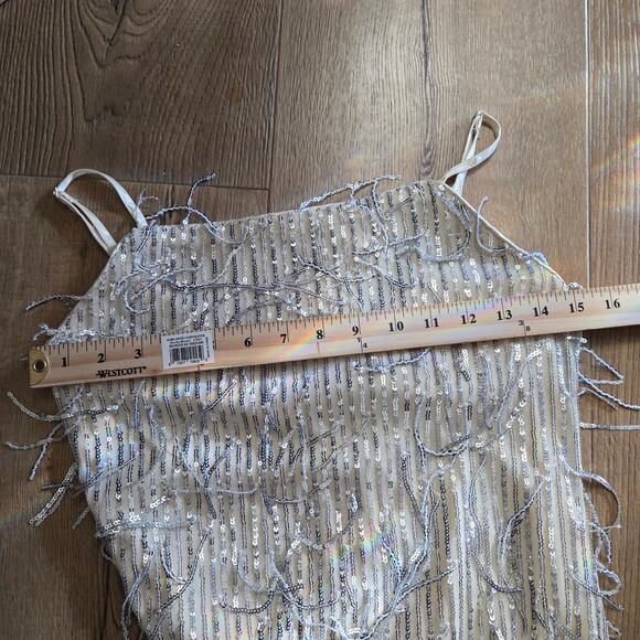 NWT Francesca's Champagne Sleeveless Sheer Net Fringe Sequin Party Club Dress S - Picture 10 of 11